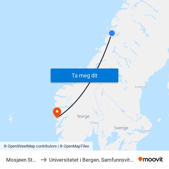 Mosjøen Stasjon E6 to Universitetet i Bergen, Samfunnsvitenskapelig fakultet map