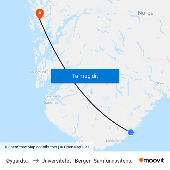 Øygårdsdalen to Universitetet i Bergen, Samfunnsvitenskapelig fakultet map