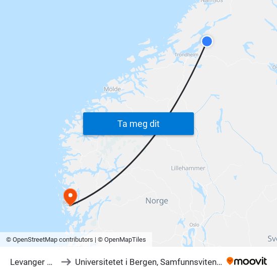 Levanger Stasjon to Universitetet i Bergen, Samfunnsvitenskapelig fakultet map