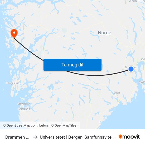 Drammen Stasjon to Universitetet i Bergen, Samfunnsvitenskapelig fakultet map