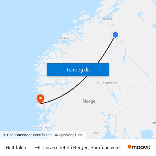 Haltdalen Stasjon to Universitetet i Bergen, Samfunnsvitenskapelig fakultet map