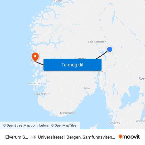 Elverum Stasjon to Universitetet i Bergen, Samfunnsvitenskapelig fakultet map