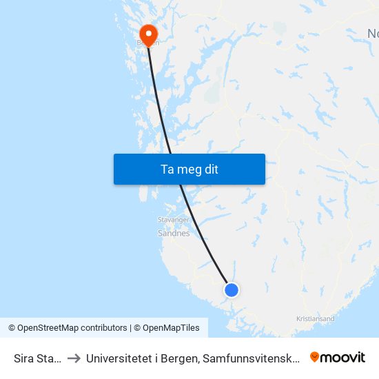 Sira Stasjon to Universitetet i Bergen, Samfunnsvitenskapelig fakultet map