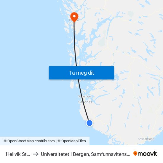 Hellvik Stasjon to Universitetet i Bergen, Samfunnsvitenskapelig fakultet map