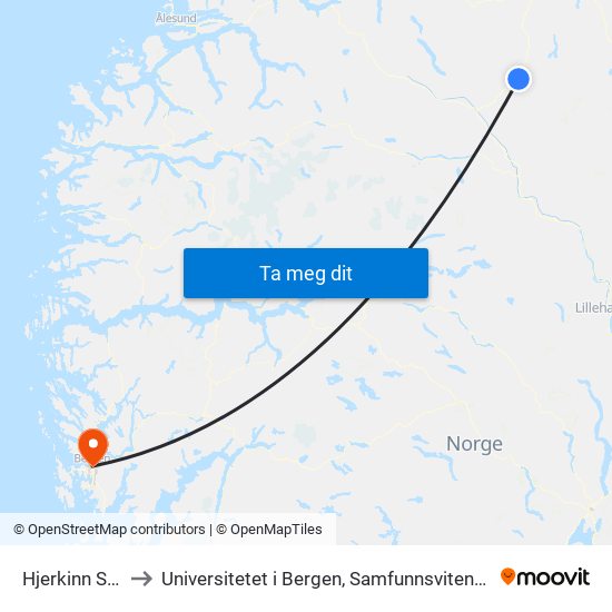 Hjerkinn Stasjon to Universitetet i Bergen, Samfunnsvitenskapelig fakultet map