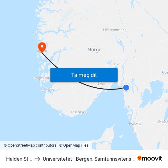 Halden Stasjon to Universitetet i Bergen, Samfunnsvitenskapelig fakultet map