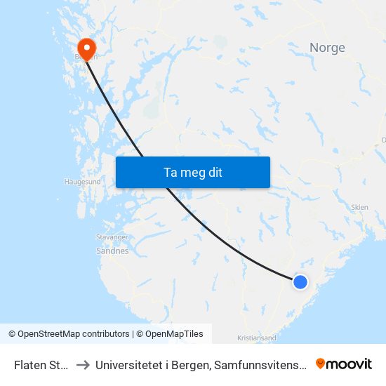 Flaten Stasjon to Universitetet i Bergen, Samfunnsvitenskapelig fakultet map
