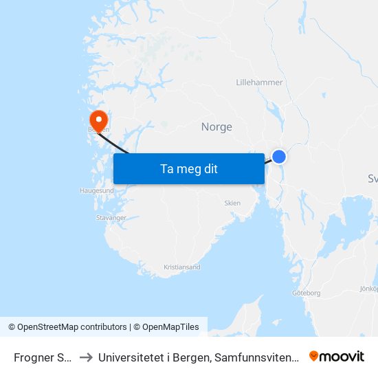 Frogner Stasjon to Universitetet i Bergen, Samfunnsvitenskapelig fakultet map