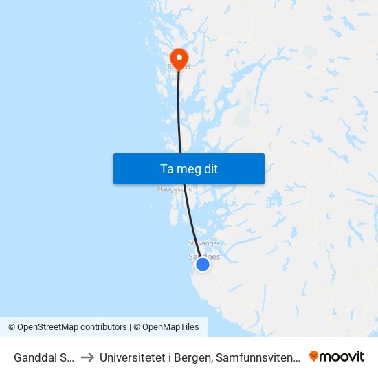 Ganddal Stasjon to Universitetet i Bergen, Samfunnsvitenskapelig fakultet map