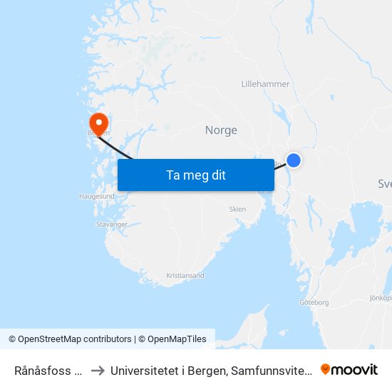 Rånåsfoss Stasjon to Universitetet i Bergen, Samfunnsvitenskapelig fakultet map