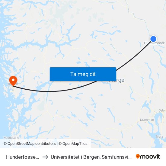 Hunderfossen Stasjon to Universitetet i Bergen, Samfunnsvitenskapelig fakultet map