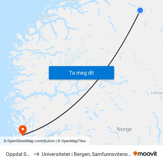 Oppdal Stasjon to Universitetet i Bergen, Samfunnsvitenskapelig fakultet map