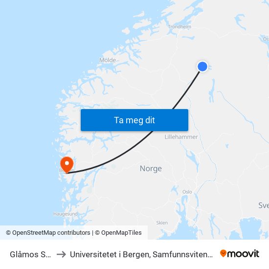 Glåmos Stasjon to Universitetet i Bergen, Samfunnsvitenskapelig fakultet map