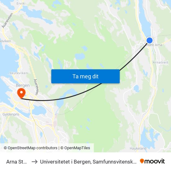Arna Stasjon to Universitetet i Bergen, Samfunnsvitenskapelig fakultet map