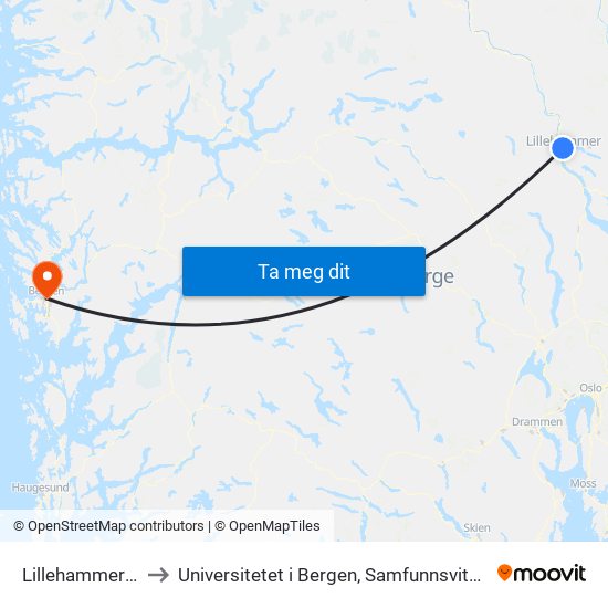 Lillehammer Stasjon to Universitetet i Bergen, Samfunnsvitenskapelig fakultet map