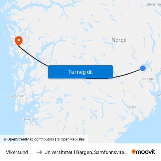 Vikersund Stasjon to Universitetet i Bergen, Samfunnsvitenskapelig fakultet map