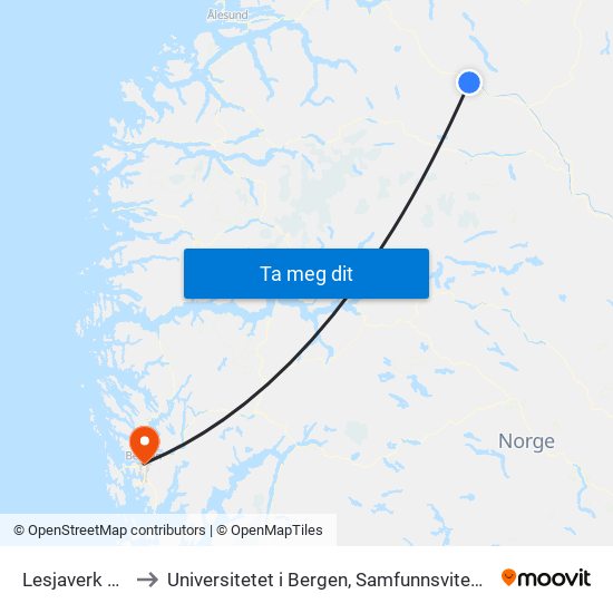Lesjaverk Stasjon to Universitetet i Bergen, Samfunnsvitenskapelig fakultet map
