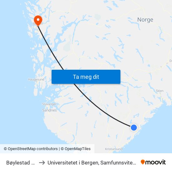 Bøylestad Stasjon to Universitetet i Bergen, Samfunnsvitenskapelig fakultet map
