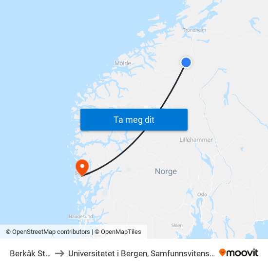 Berkåk Stasjon to Universitetet i Bergen, Samfunnsvitenskapelig fakultet map