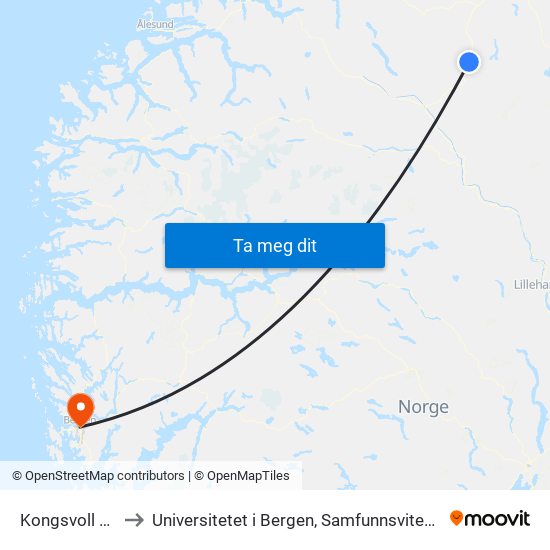 Kongsvoll Stasjon to Universitetet i Bergen, Samfunnsvitenskapelig fakultet map