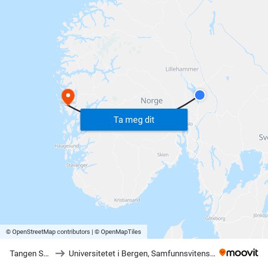 Tangen Stasjon to Universitetet i Bergen, Samfunnsvitenskapelig fakultet map