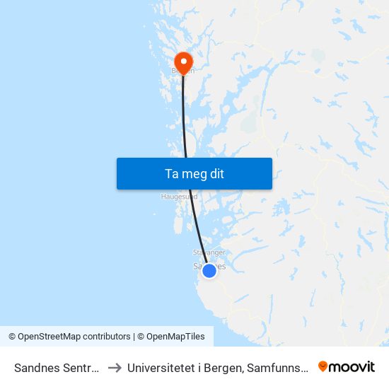 Sandnes Sentrum Stasjon to Universitetet i Bergen, Samfunnsvitenskapelig fakultet map