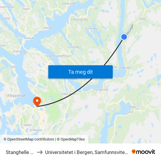 Stanghelle Stasjon to Universitetet i Bergen, Samfunnsvitenskapelig fakultet map