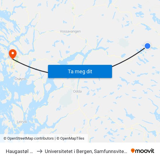 Haugastøl Stasjon to Universitetet i Bergen, Samfunnsvitenskapelig fakultet map