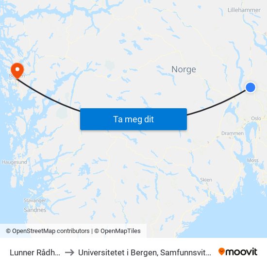 Lunner Rådhus Sand to Universitetet i Bergen, Samfunnsvitenskapelig fakultet map