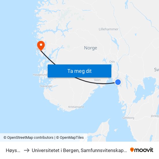 Høysand to Universitetet i Bergen, Samfunnsvitenskapelig fakultet map