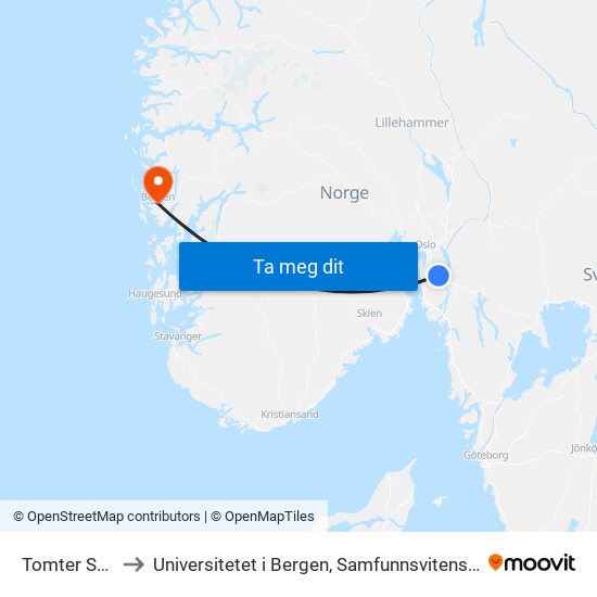 Tomter Stasjon to Universitetet i Bergen, Samfunnsvitenskapelig fakultet map