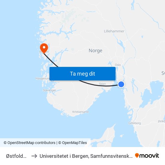 Østfoldhallen to Universitetet i Bergen, Samfunnsvitenskapelig fakultet map