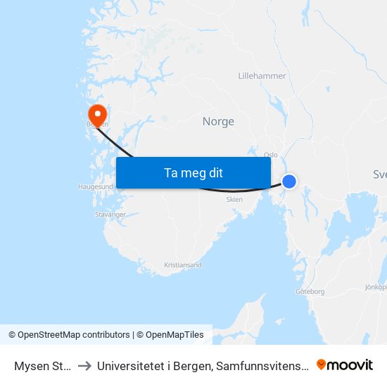 Mysen Stasjon to Universitetet i Bergen, Samfunnsvitenskapelig fakultet map