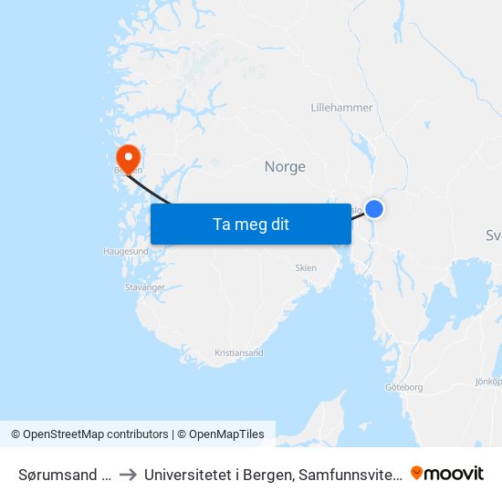 Sørumsand Stasjon to Universitetet i Bergen, Samfunnsvitenskapelig fakultet map