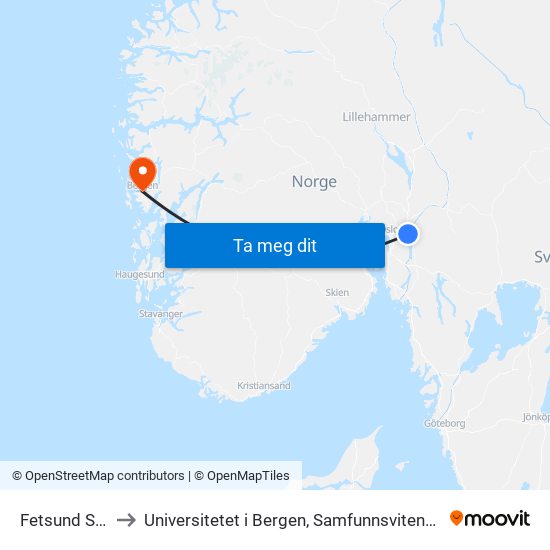 Fetsund Stasjon to Universitetet i Bergen, Samfunnsvitenskapelig fakultet map