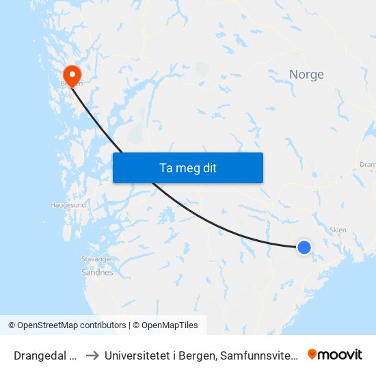 Drangedal Stasjon to Universitetet i Bergen, Samfunnsvitenskapelig fakultet map