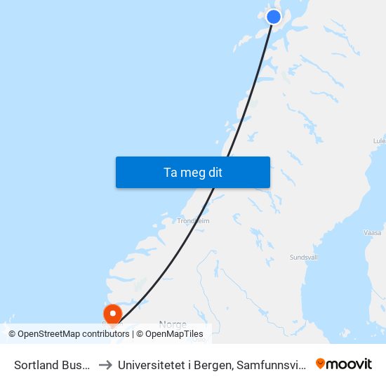 Sortland Bussterminal to Universitetet i Bergen, Samfunnsvitenskapelig fakultet map