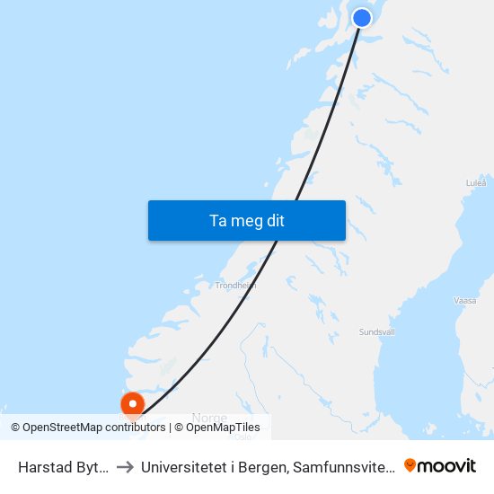 Harstad Byterminal to Universitetet i Bergen, Samfunnsvitenskapelig fakultet map