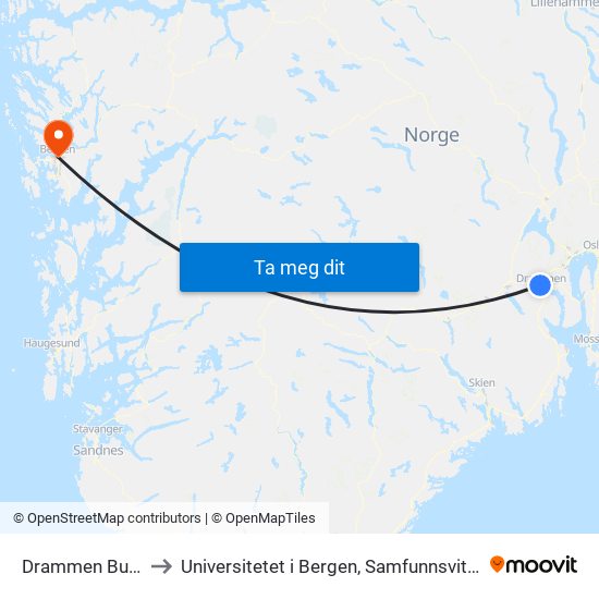 Drammen Busstasjon to Universitetet i Bergen, Samfunnsvitenskapelig fakultet map