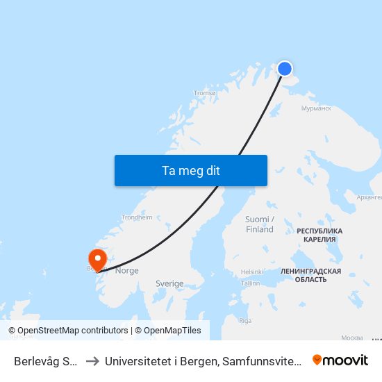 Berlevåg Sentrum to Universitetet i Bergen, Samfunnsvitenskapelig fakultet map