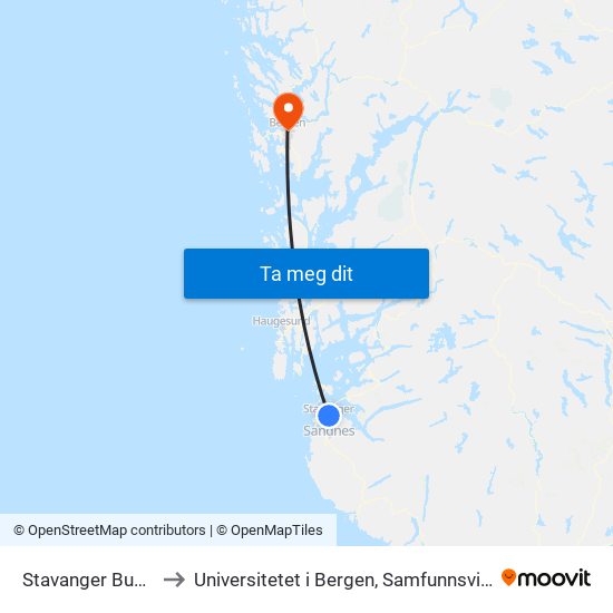 Stavanger Bussterminal to Universitetet i Bergen, Samfunnsvitenskapelig fakultet map
