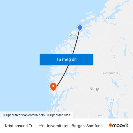 Kristiansund Trafikkterminal to Universitetet i Bergen, Samfunnsvitenskapelig fakultet map