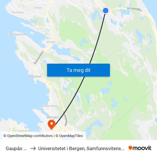 Gaupås Kryss to Universitetet i Bergen, Samfunnsvitenskapelig fakultet map
