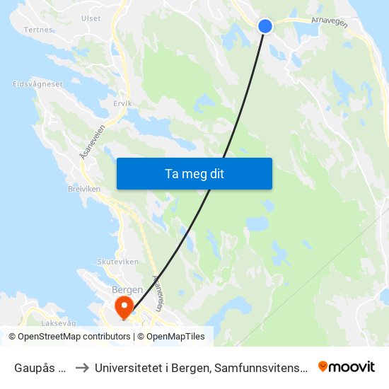 Gaupås Kryss to Universitetet i Bergen, Samfunnsvitenskapelig fakultet map