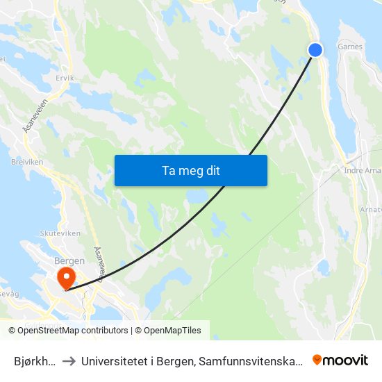 Bjørkhaug to Universitetet i Bergen, Samfunnsvitenskapelig fakultet map