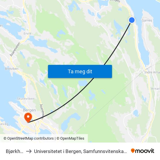 Bjørkhaug to Universitetet i Bergen, Samfunnsvitenskapelig fakultet map
