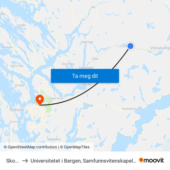 Skorve to Universitetet i Bergen, Samfunnsvitenskapelig fakultet map