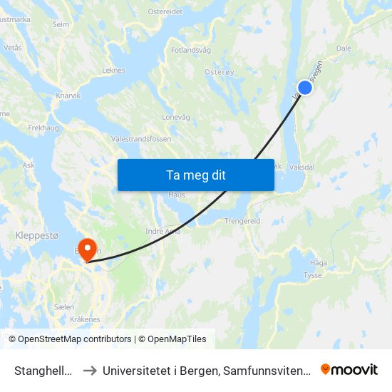Stanghelle Nord to Universitetet i Bergen, Samfunnsvitenskapelig fakultet map
