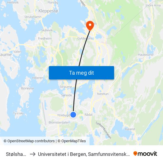 Stølshaugen to Universitetet i Bergen, Samfunnsvitenskapelig fakultet map