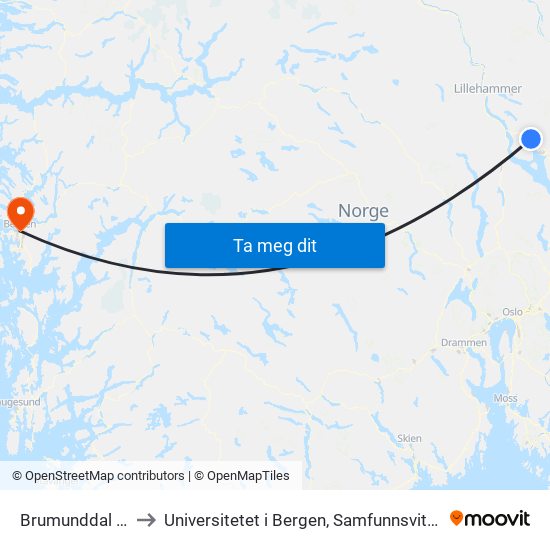 Brumunddal Sentrum to Universitetet i Bergen, Samfunnsvitenskapelig fakultet map